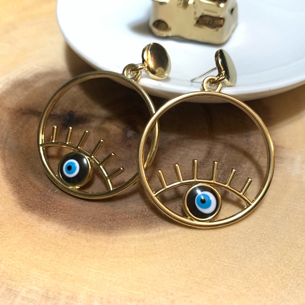 Gold hoop earrings evil eye earrings - Picture 2 of 7